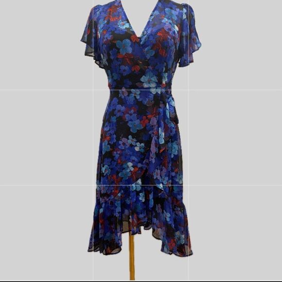 Calvin Klein NWOT Faux Wrapped Asymmetrical Flutter Sleeves Floral Dress 2P - Picture 1 of 9
